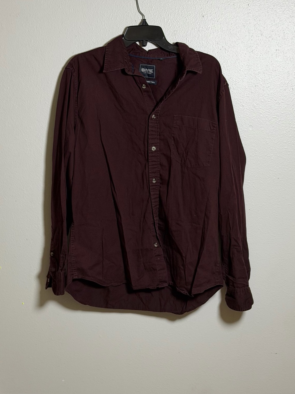 Bare Leisure Men's Long-Sleeve Button-Up Shirt Super Combed Twill Burgundy XL